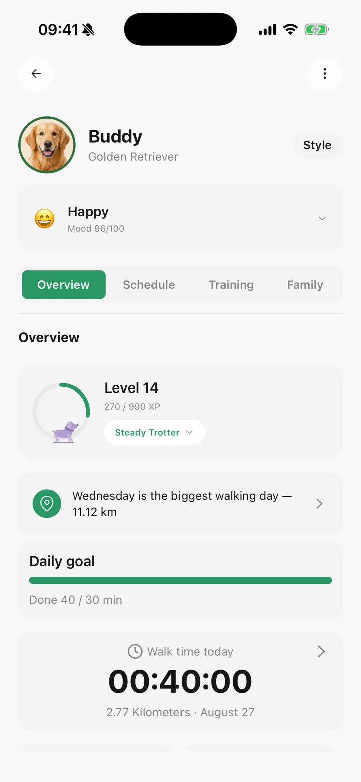 A pet page in Tailomi with photo, breed, mood and level