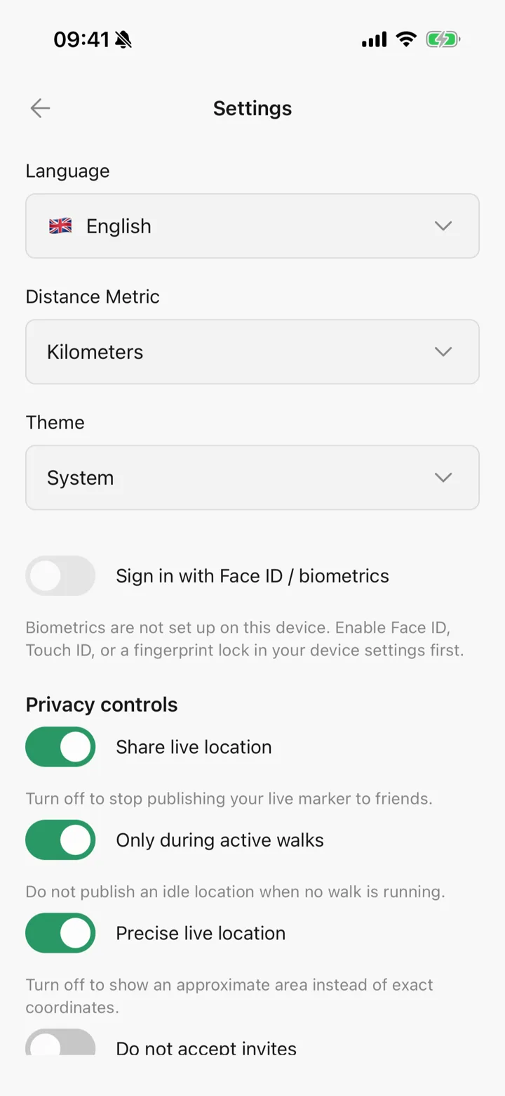 Tailomi's privacy switches: live location, active walks only, and precise location