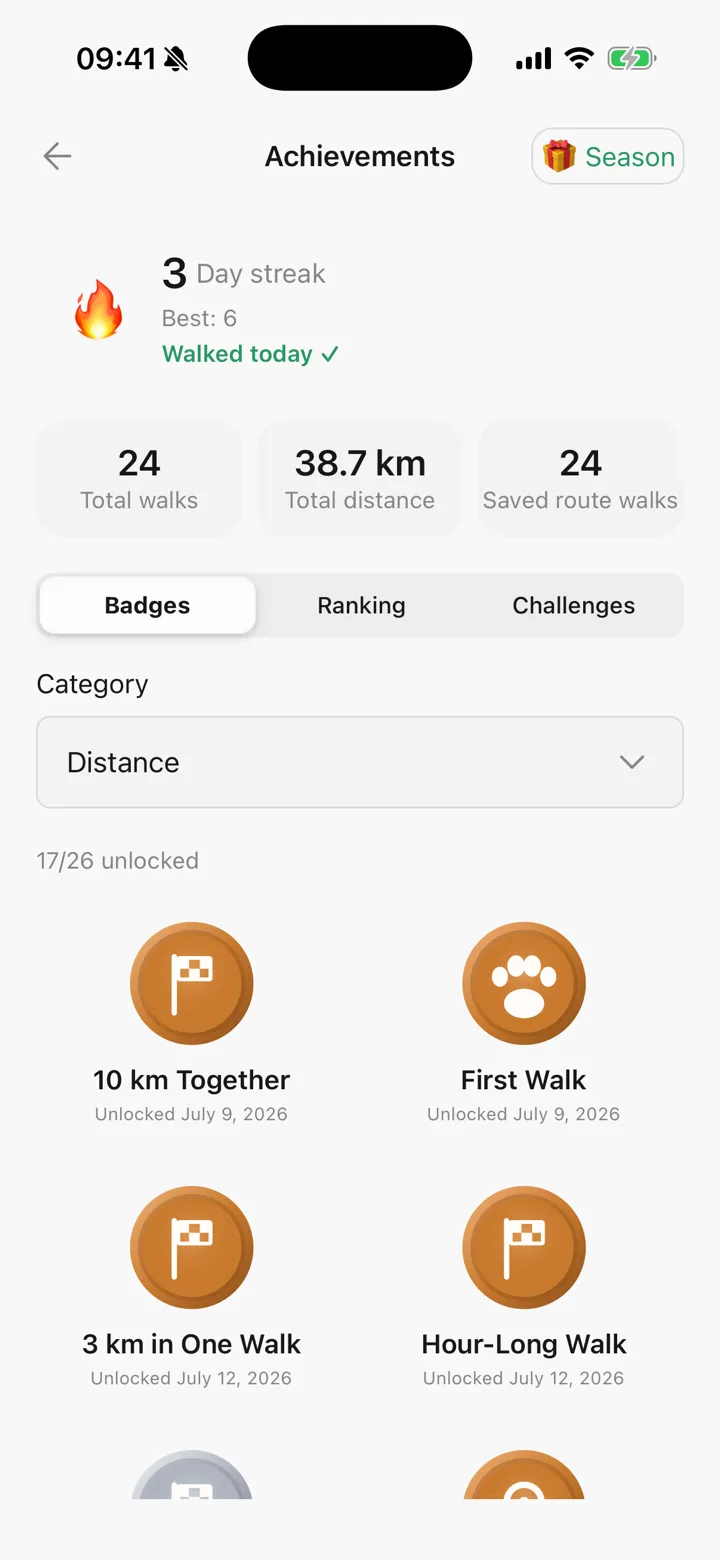 Achievements in Tailomi: the walking streak, lifetime totals and earned badges