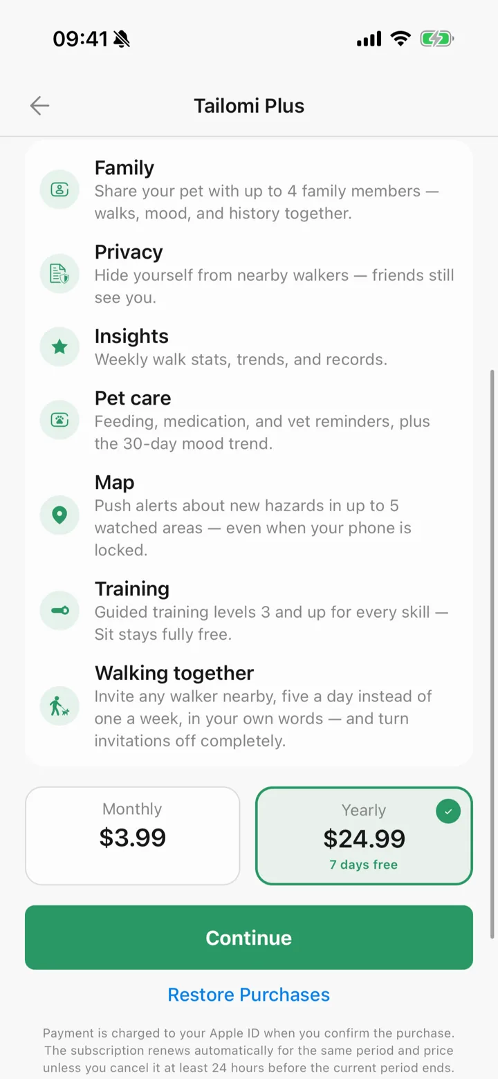 The Tailomi Plus screen listing what the subscription adds