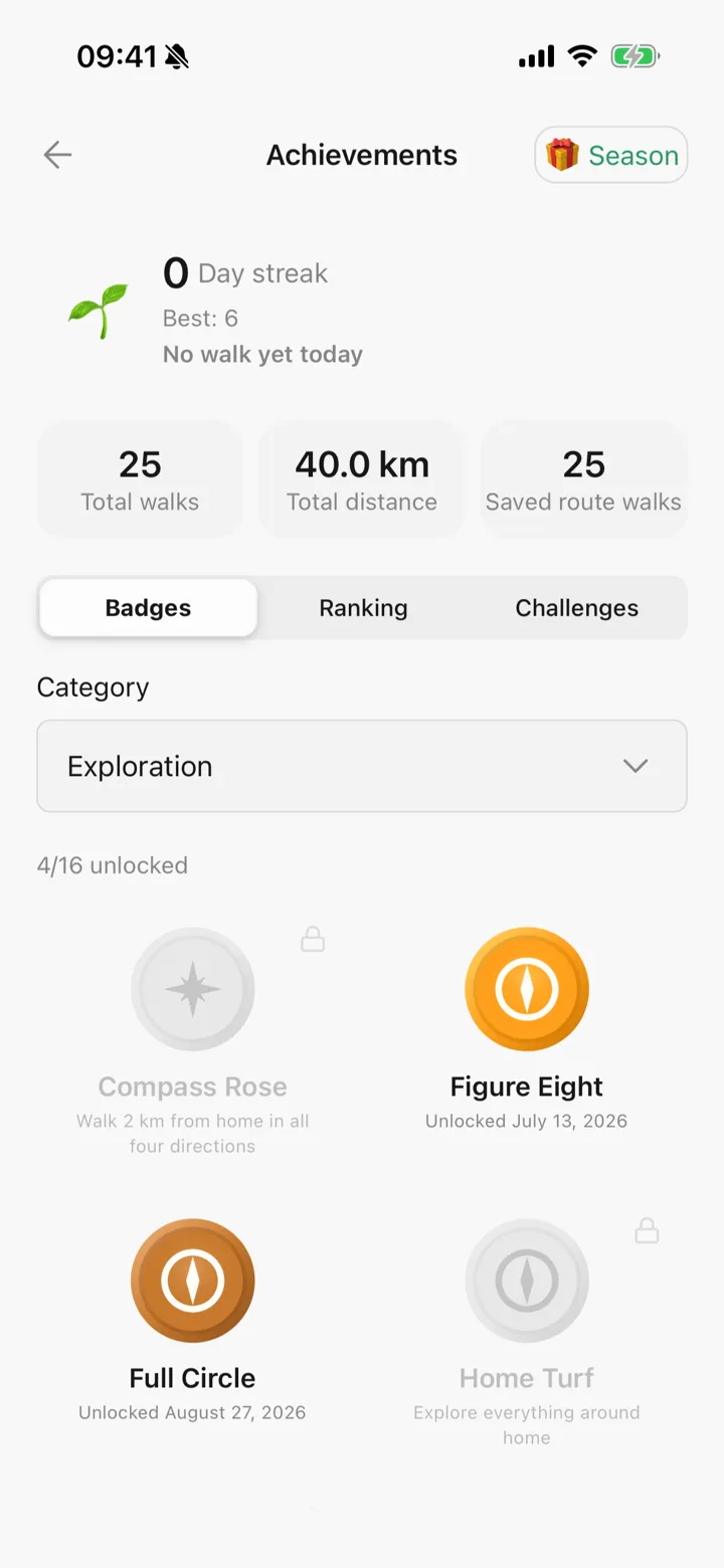 Exploration badges in Tailomi, earned by the ground your walks cover