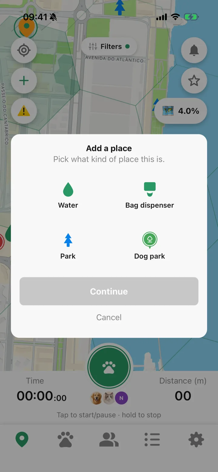 Adding a place to the Tailomi map: drinking water, a bag dispenser, a park or a dog park
