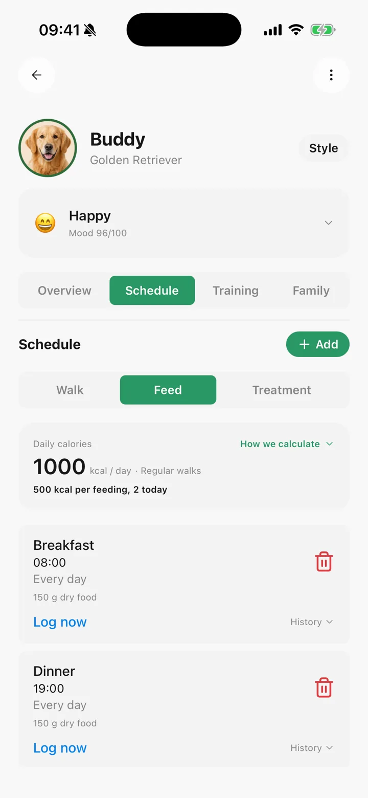 Buddy's medical card in Tailomi with the daily calorie target and the feeding reminders