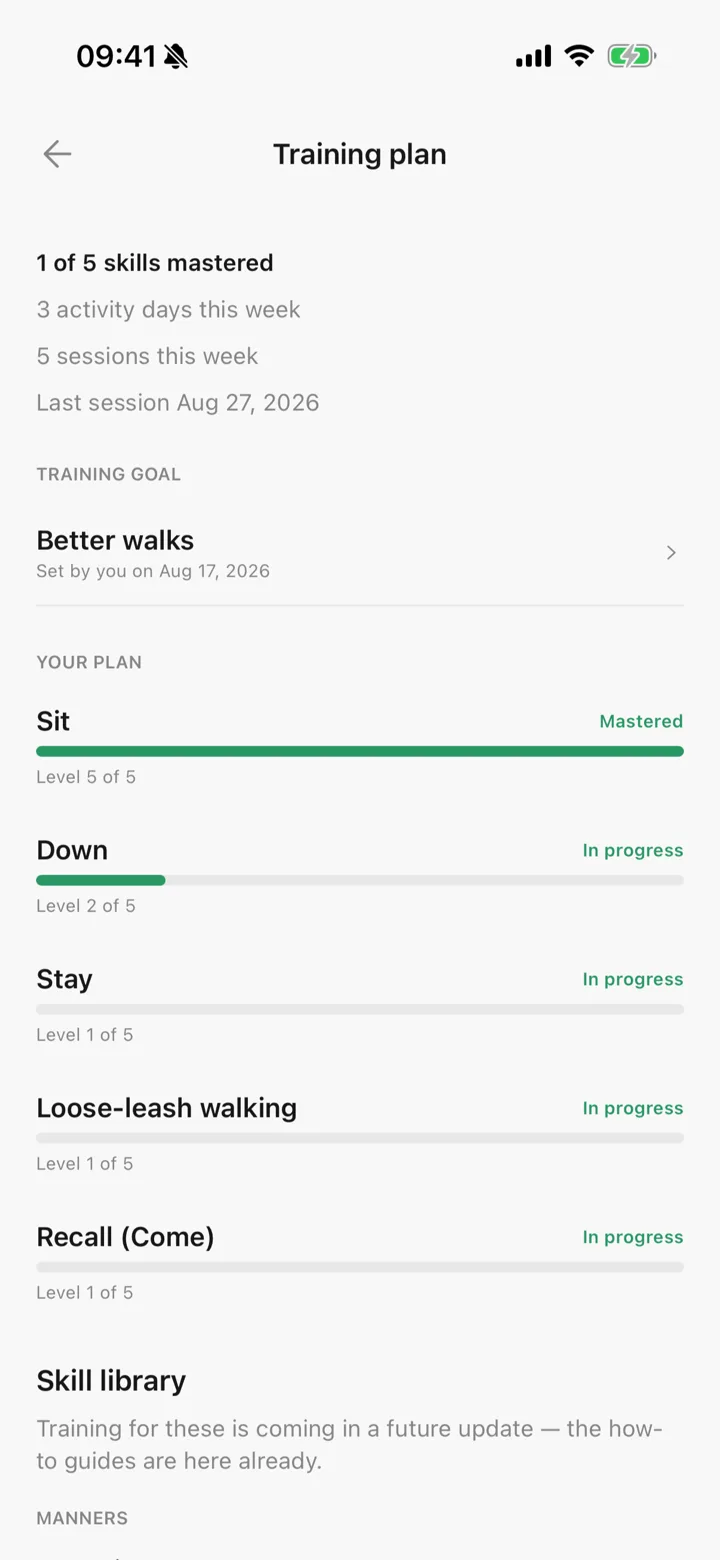 The training plan in Tailomi: five skills, the level each one is on, and what is already mastered