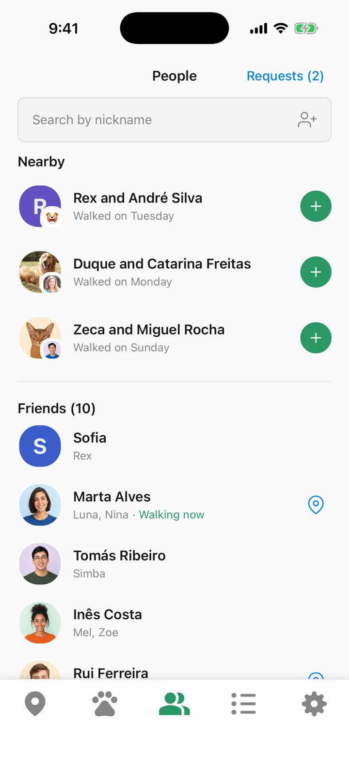 The People tab in Tailomi: who walked in your city this week, above the list of friends