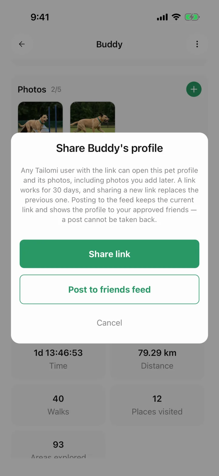 Sharing a pet profile link in Tailomi: it lasts thirty days and a new link replaces it