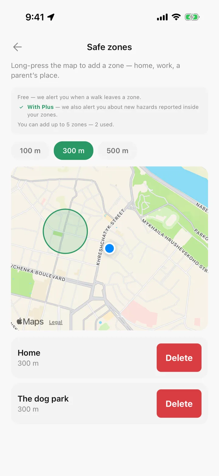 Safe zones in Tailomi: leaving a zone is free, hazard alerts inside it come with Plus