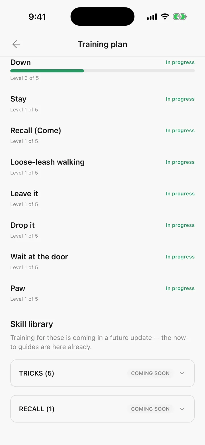 The Tailomi training plan with nine skills, including Wait at the door and Paw