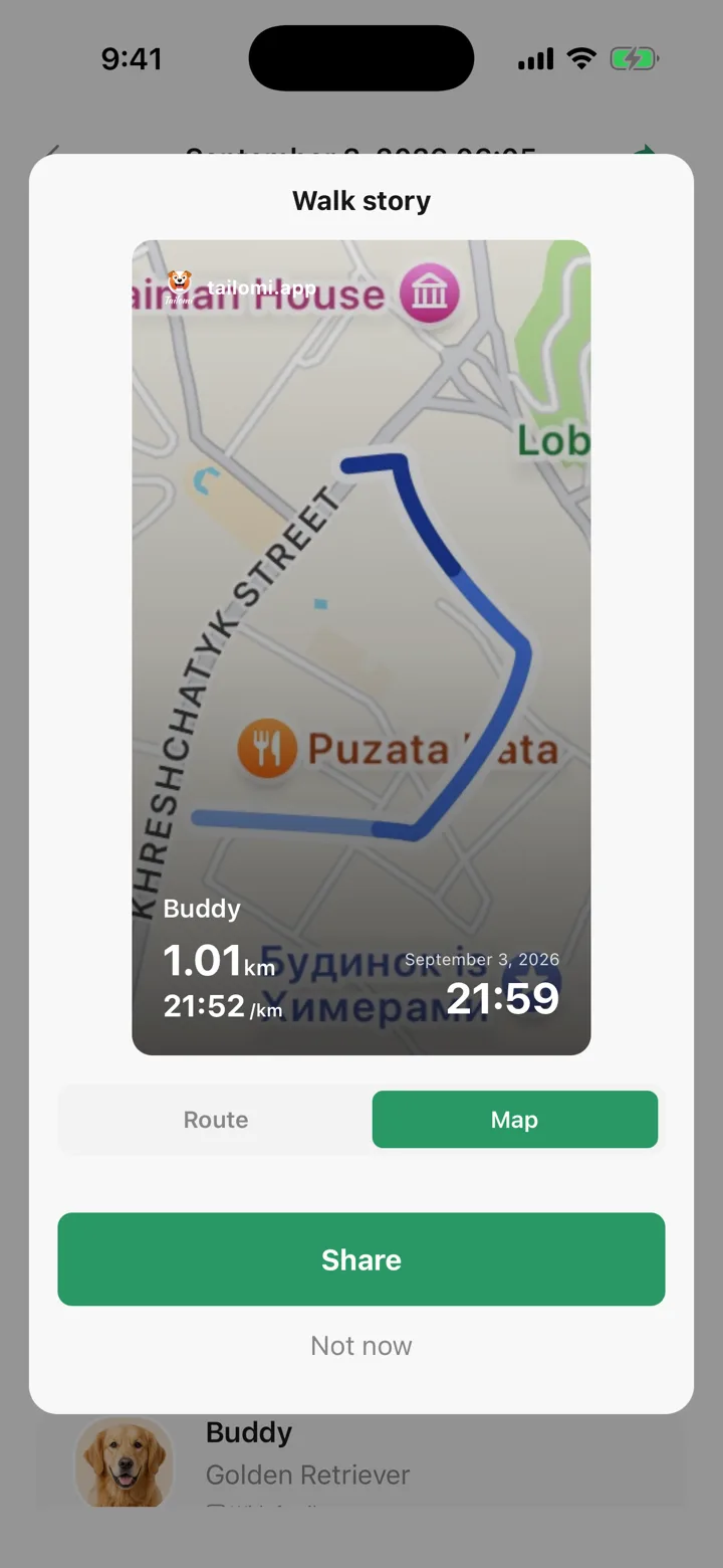 The Tailomi walk story card ready to share, showing the pet, the distance, the pace, the date and the time