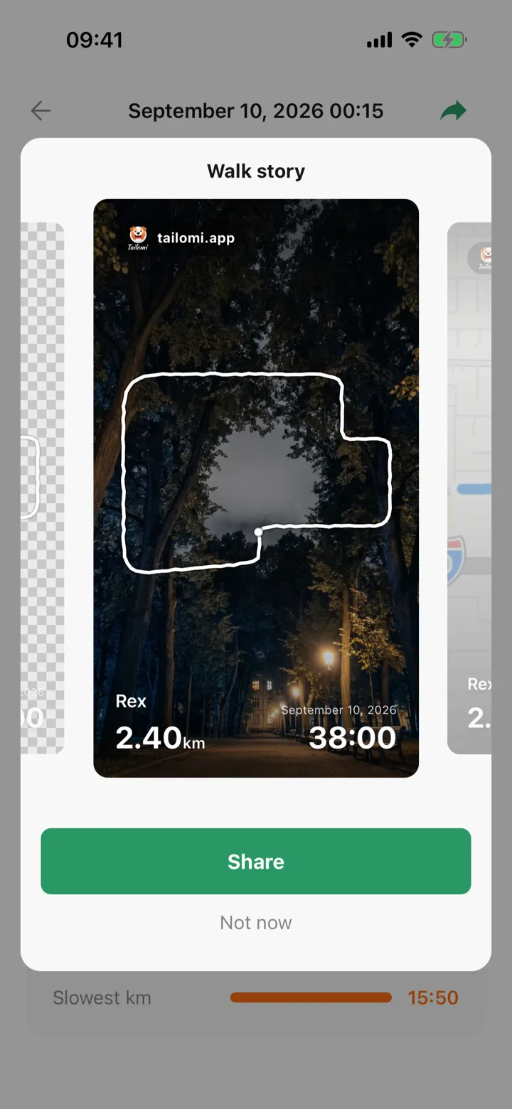 The walk card composer with a photographic background matching the walk's weather