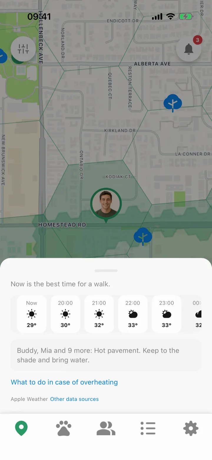 The weather sheet: the next hours, what they mean for each pet, and the Apple Weather mark