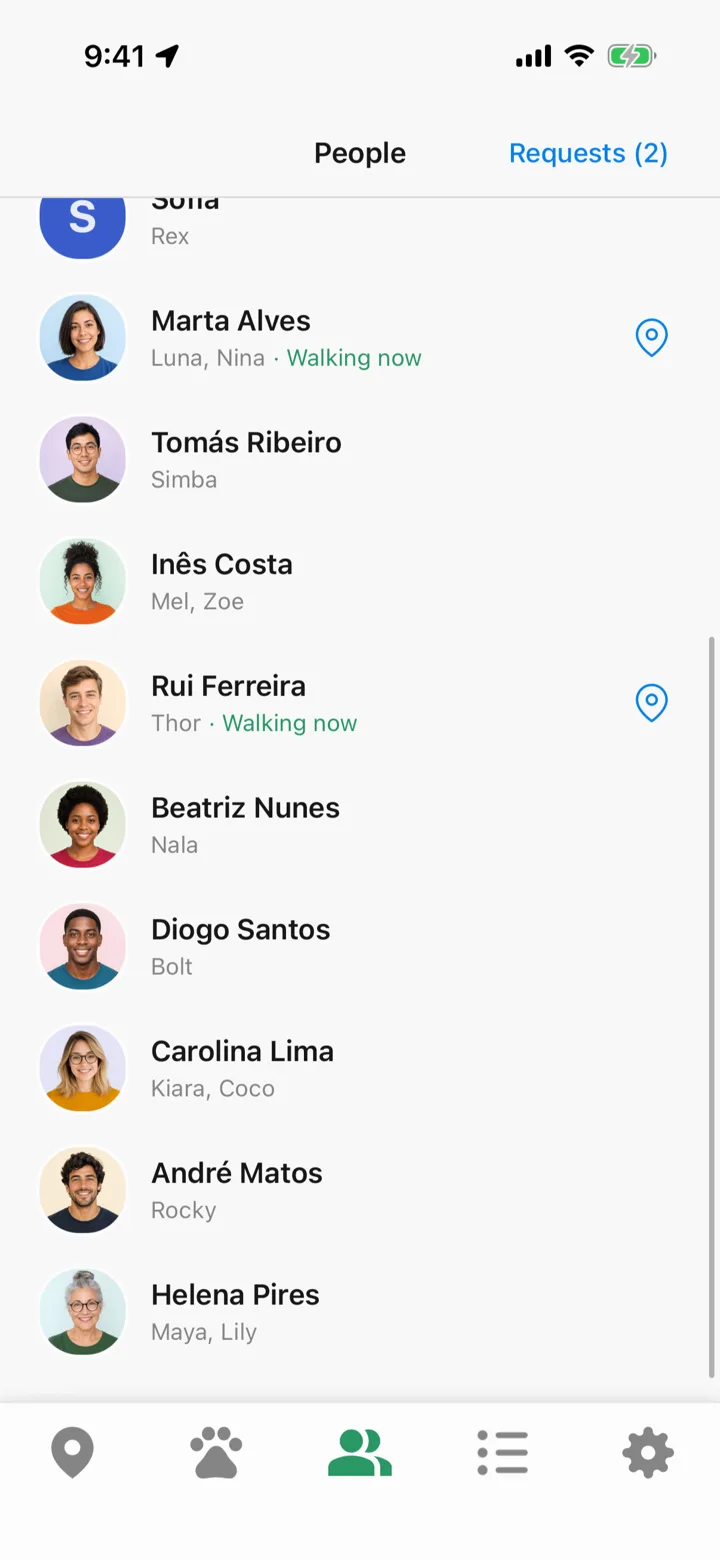 The friends list in Tailomi, showing each friend and their pets