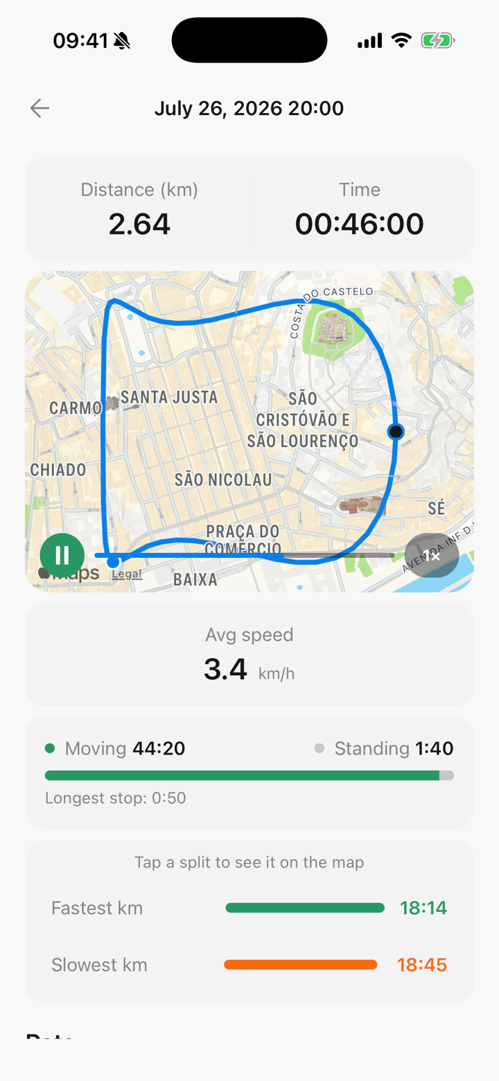 Walking history in Tailomi: a list of past walks with distance and duration