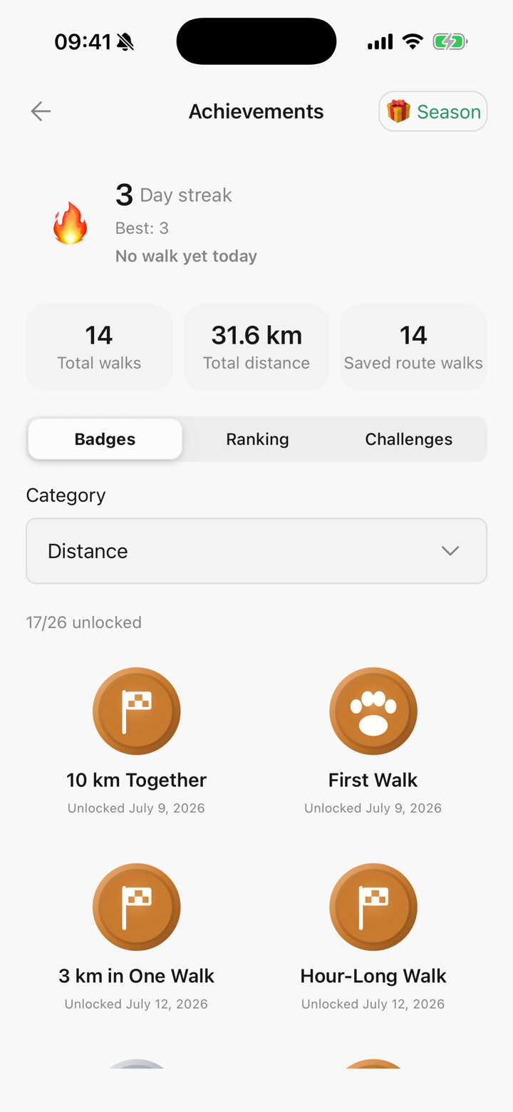 The pet passport in Tailomi showing level, badges and Paw Coins