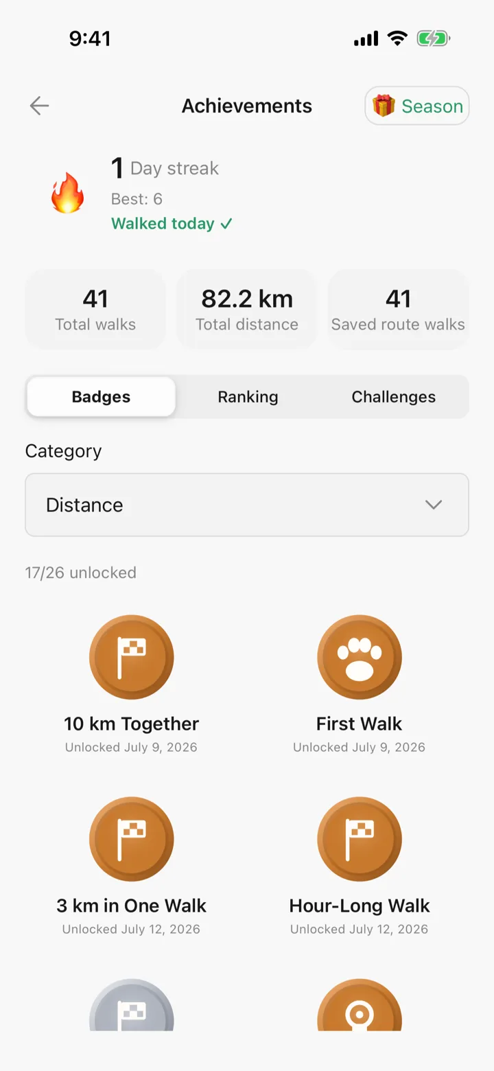 Achievements in Tailomi: the walking streak, lifetime totals and earned badges