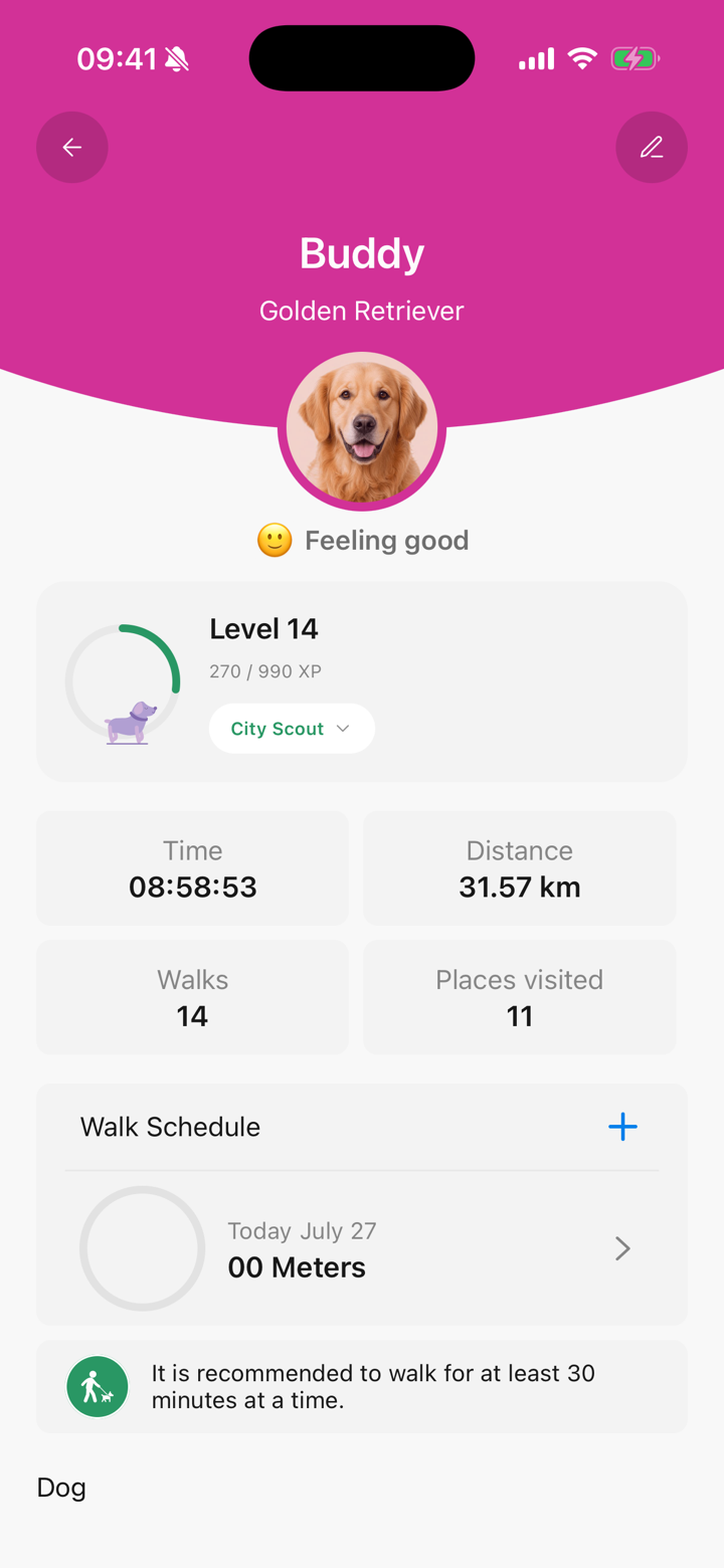 A pet profile in Tailomi showing level, title and lifetime walking stats