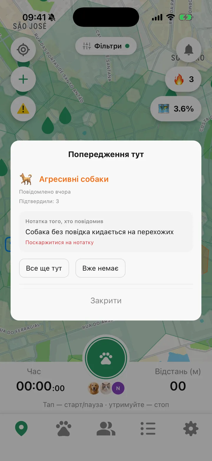 Позначена небезпека на карті Tailomi з нотаткою того, хто повідомив, і кількістю підтверджень