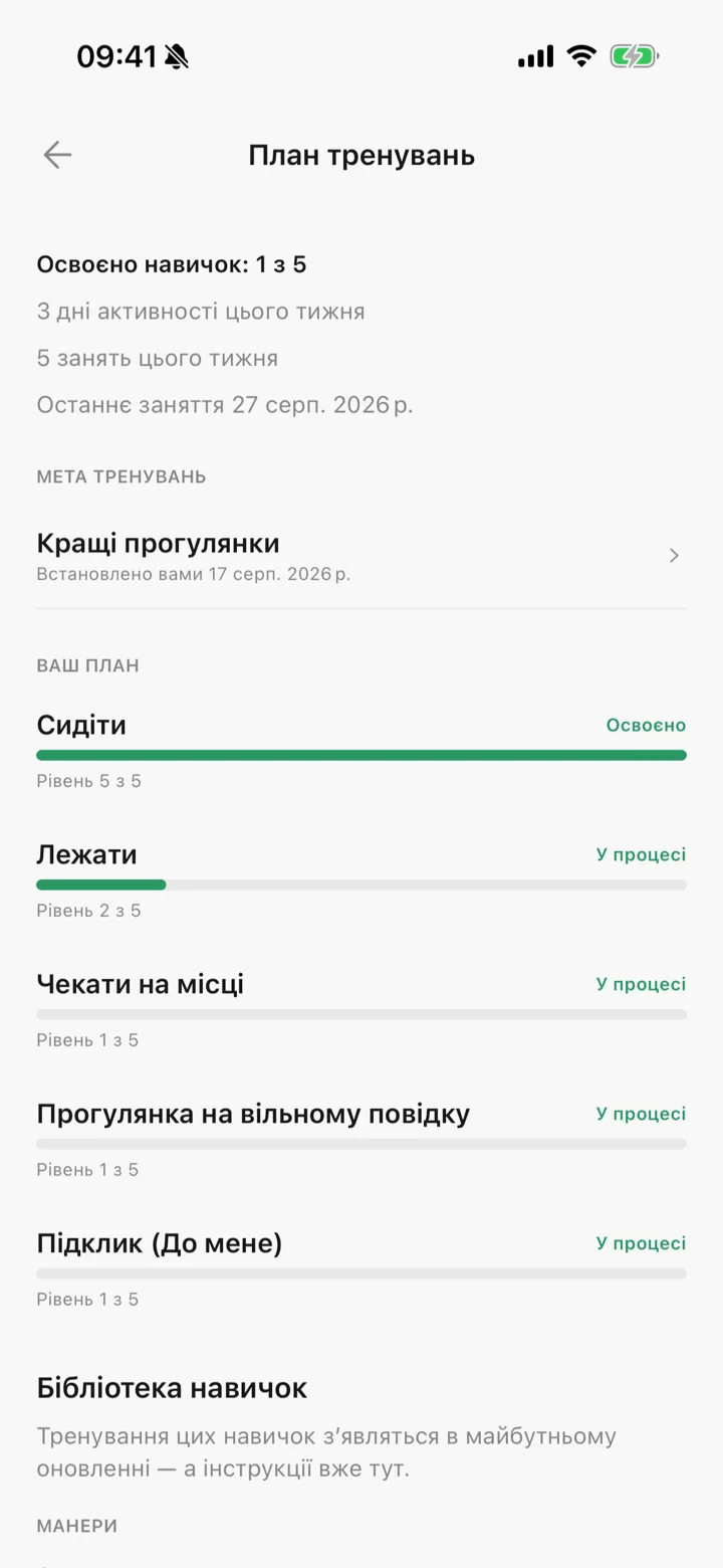 План тренувань у Tailomi: п'ять навичок, рівень кожної та те, що вже освоєно