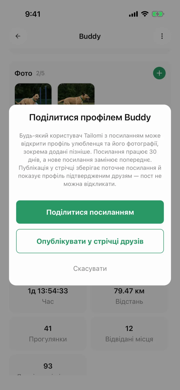 Поділитися посиланням на профіль улюбленця в Tailomi: воно живе тридцять днів, нове гасить попереднє