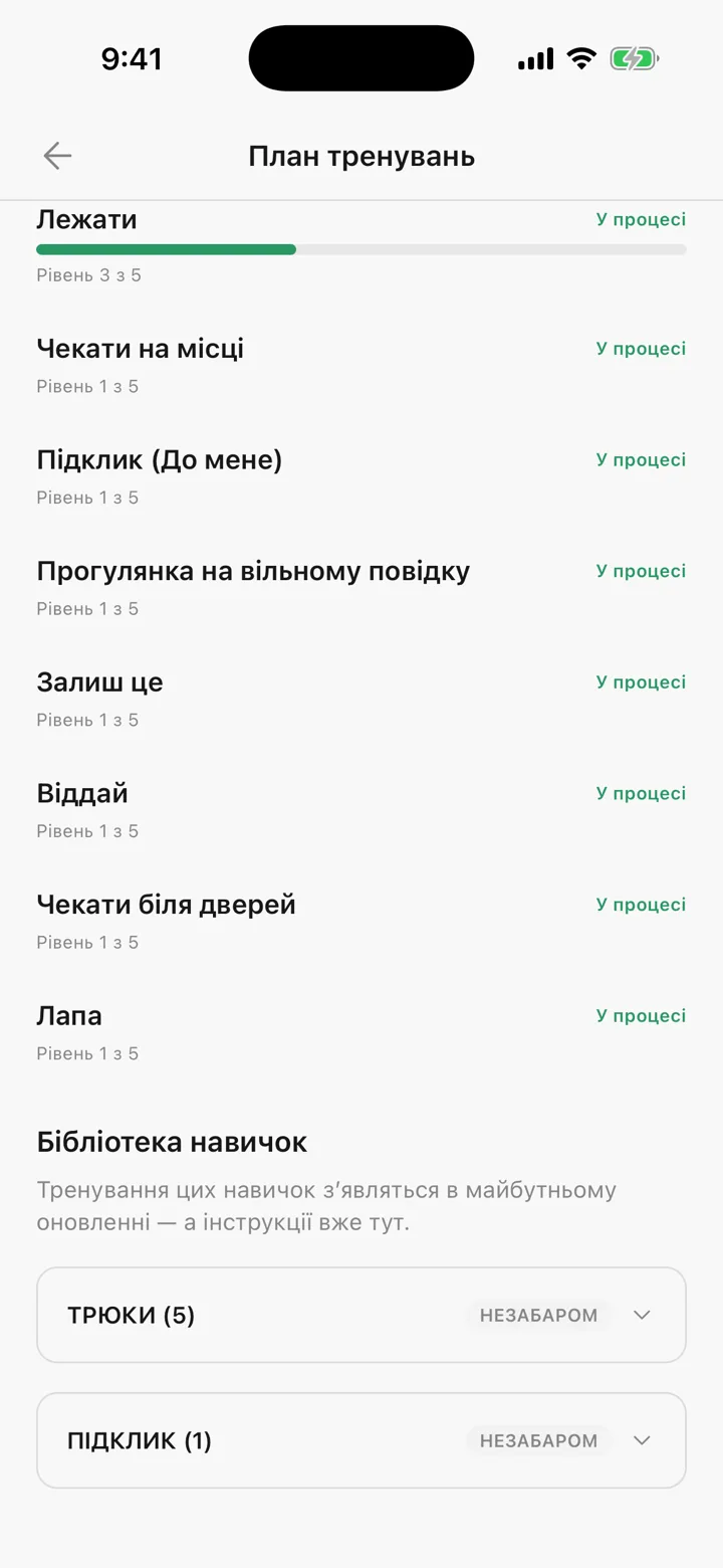 План тренувань Tailomi із девʼятьма навичками, серед них «Чекати біля дверей» і «Лапа»