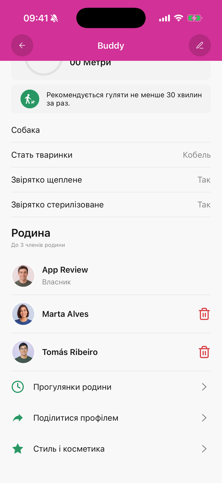 Профіль улюбленця в Tailomi із розділом родини та співвласниками