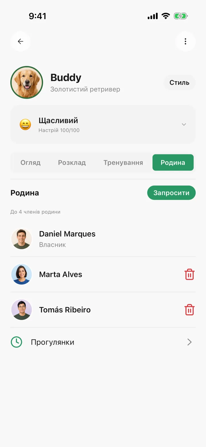 Профиль питомца в Tailomi с разделом семьи и совладельцами